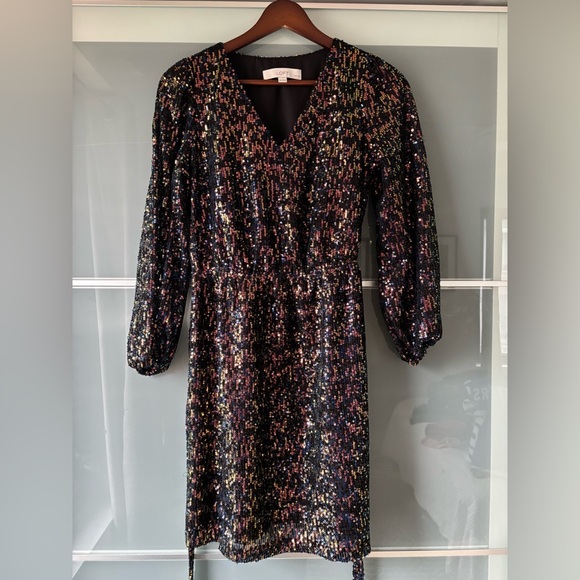 XSP LOFT Women's Sequin Mini Dress Belted V-Neck Banded Sheer Sleeve - Picture 3 of 10